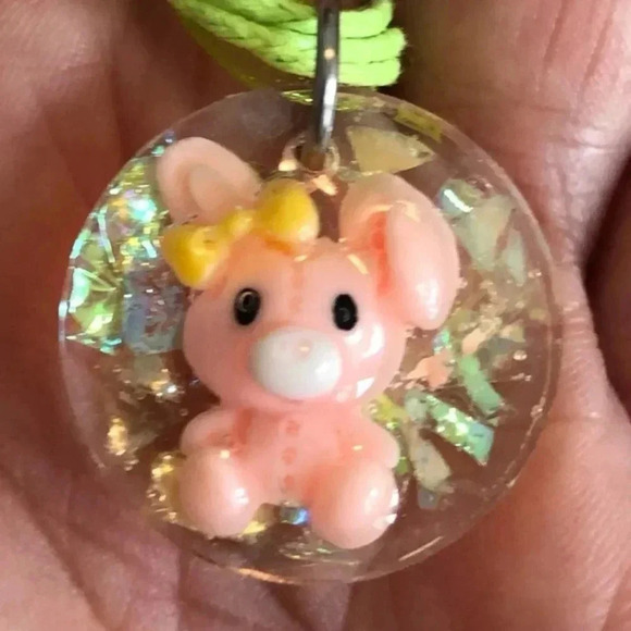 Pink Green Easter Bunny Rabbit Glitter Resin Taffeta Ribbon Necklace Handmade - Picture 1 of 4